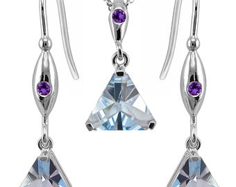 Conjunto de joyas de plata con topacio azul certificado y amatista natural: corte trillón excepcional