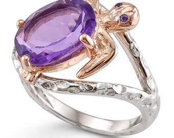 Anillo de tortuga con amatista natural – Hecho a mano en plata de ley
