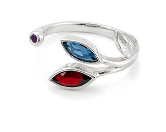 Anillo de hoja de granate natural y topacio azul Londres / Anillo de plata 925 con derivación