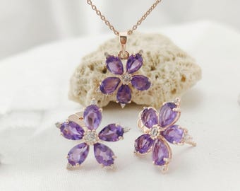 Amethyst Flower Jewelry Set, Sterling Silver Necklace & Stud Earrings