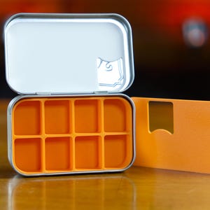 Altoid Tin 8 Slot Pill Organizer - No Spill Card Design! | Vitamins, Medication, Medicine, Fishing Lures, Small Parts.  Made In Alaska, USA