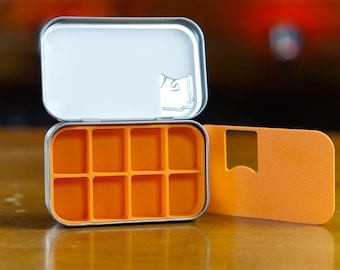 Altoid Tin 8 Slot Pill Organizer - No Spill Card Design! | Vitamins, Medication, Medicine, Fishing Lures, Small Parts.  Made In Alaska, USA