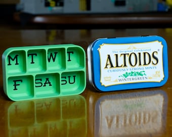 Altoid Tin Weekly Pill Organizer MONDAY VERSION | Vitamins, Medication, Medicine, Cough Drops. Easy To Read Letters.  Made In Alaska, USA!