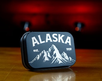Alaska Mountains Metal Tin Box - EDC, Survival Kit, Fire Starting, Fishing Lures, Parts Storage, Valentine Gift - Custom Made In Alaska, USA