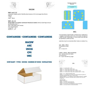 May include: An informational document detailing container search requirements for NACSW, AKC, USCSS, CPE, and UKC scent work trials. It includes text, diagrams of container layouts, and a white cardboard literature mailer box with dimensions 8-12 inches.
