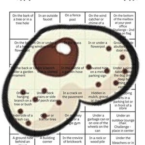 May include: A black and white chart labelled "30 Day Nosework Exterior Challenge" detailing hide placement locations for dog training. Features dog illustrations and text like "In the grass" and "Under a picnic table."