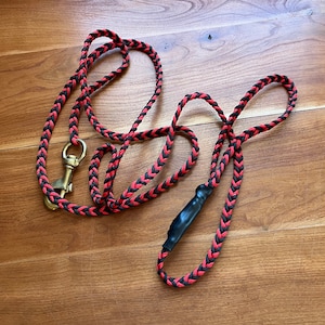 Red and Black Braided Paracord Dog Leash: Heavy-Duty Brass Clasp