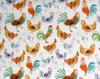 Chickens Birds White Gray Orange Green Red Quilter's Weight Cotton Print Fabric - Yardage - Fabric by the Yard