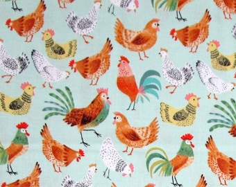 Chickens Birds Green Yellow Gray Orange Red White Quilter's Weight Cotton Print Fabric - Yardage - Fabric by the Yard