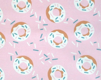 Pink Sprinkles Donuts Doughnuts Blue White Brown Quilter's Weight Cotton Print Fabric - Material - Yardage - By the Yard