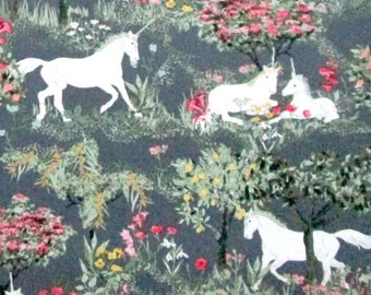 Unicorns Fantasy Animals Forest Woodland Dark Green Pink White Quilter's Weight Cotton Print Fabric - Material - Yardage - By the Yard
