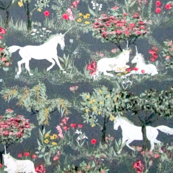 Unicorns Fantasy Animals Forest Woodland Dark Green Pink White Quilter's Weight Cotton Print Fabric - Material - Yardage - By the Yard