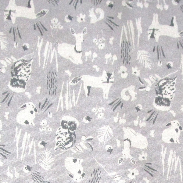 Gray White Woodland Animals Fox Rabbit Owl Lamb Quilter's Weight Cotton Print Fabric - Material - Yardage - Fabric by the Yard