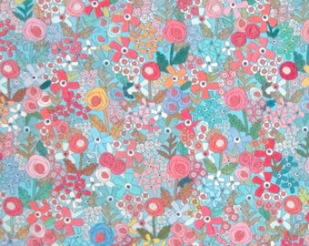 May include: A colourful floral fabric with a dense pattern of flowers in pink, red, yellow, and blue. The design features a light blue background, and the fabric is densely packed with various flower types.