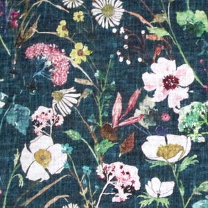 Dark Teal Blue White Pink Yellow Green Flowers Floral Quilter&#39;s Weight Cotton Print Fabric - Material - Yardage - Fabric by the Yard
