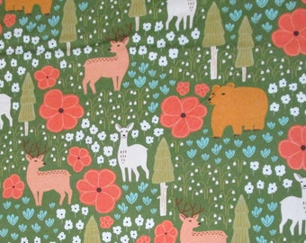 Woodland Animals Deer Bears Flowers Olive Green Blue Orange Quilter's Weight Cotton Print Fabric -Material - Yardage - Fabric by the Yard
