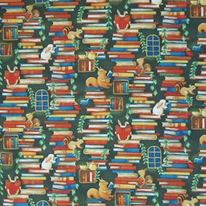 Books Animals Rabbits Squirrels Brown Red Blue Quilter's Weight Cotton Print Fabric - Yardage - Fabric by the Yard - Teachers, Librarians