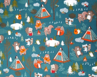 Teal Blue Multicolor Camping Animals Woodland Bears Raccoons Fox Quilter's Weight Cotton Print Fabric, Material, Yardage, Fabric by the Yard