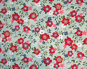 Blue Pink Green Yellow White Flowers Floral Quilter's Weight Cotton Print Fabric - Material - Yardage - Fabric by the Yard