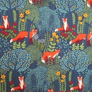 Blue Orange Yellow Gold Fox Woodland Forest Quilter's Weight Cotton Print Fabric - Material - Yardage - Fabric by the Yard