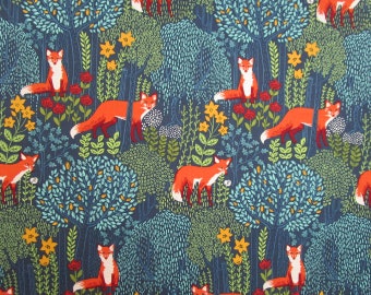 Blue Orange Yellow Gold Fox Woodland Forest Quilter's Weight Cotton Print Fabric - Material - Yardage - Fabric by the Yard