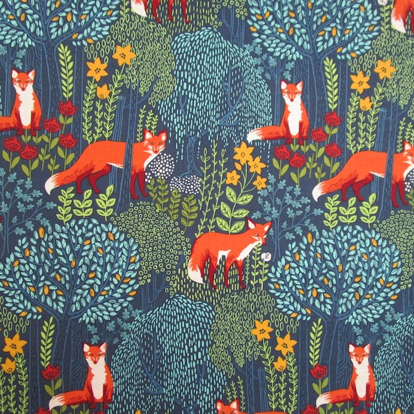 Blue Orange Yellow Gold Fox Woodland Forest Quilter's Weight Cotton Print Fabric - Material - Yardage - Fabric by the Yard