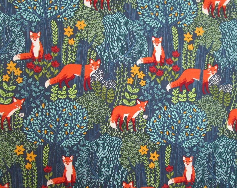 Blue Orange Yellow Gold Fox Woodland Forest Quilter's Weight Cotton Print Fabric Material Yardage Fabric by the Yard image 1