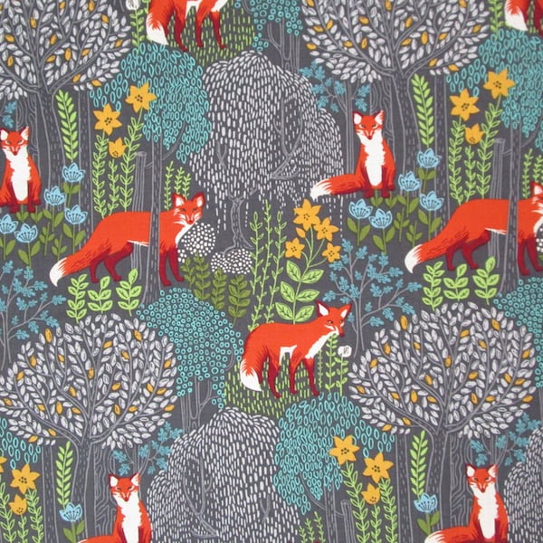 Gray Orange Green Turquoise Yellow Fox Woodland Forest Quilter's Weight Cotton Print Fabric - Material - Yardage - Fabric by the Yard