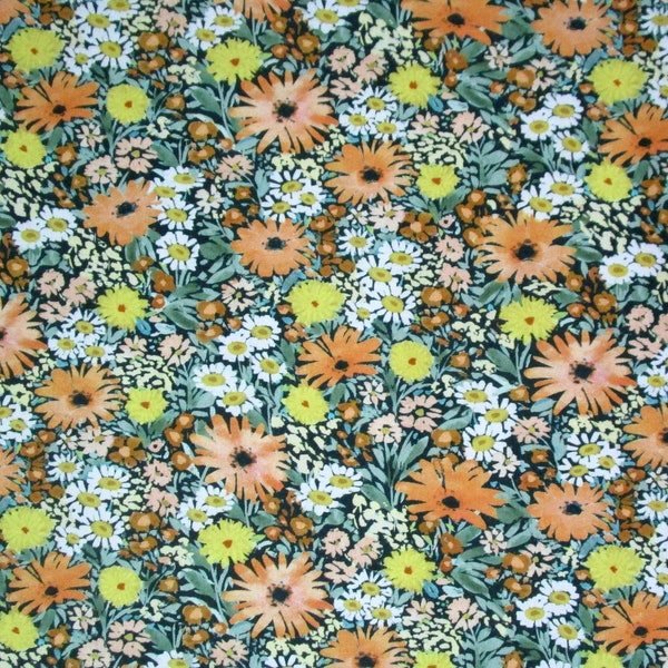 Autumn Olive Green Orange White Yellow Flowers Floral Quilter's Weight Cotton Print Fabric - Yardage - Fabric by the Yard - Quilting