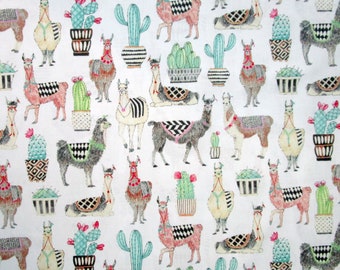 Llamas White Pink Beige Gray Black Green Animals Quilter's Weight Cotton Print Fabric - Material - Yardage - Fabric by the Yard