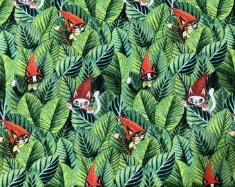 Green Orange Cats Gnomes Pets Animals Flowers Floral Quilter's Weight Cotton Print Fabric - Yardage - Fabric by the Yard