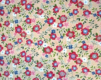 Peach Pink Green Blue White Flowers Floral Quilter's Weight Cotton Print Fabric - Material - Yardage - Fabric by the Yard