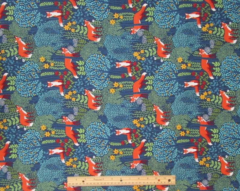 Blue Orange Yellow Gold Fox Woodland Forest Quilter's Weight Cotton Print Fabric Material Yardage Fabric by the Yard image 3