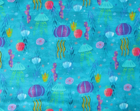 Turquoise Blue Purple Pink Yellow Green Jellyfish Ocean Animals - Quilter's Weight Cotton Print Fabric, Yardage, By the Yard, Material