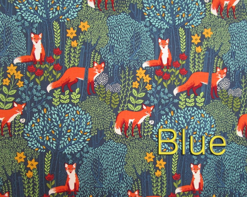 Blue Orange Yellow Gold Fox Woodland Forest Quilter's Weight Cotton Print Fabric Material Yardage Fabric by the Yard image 2