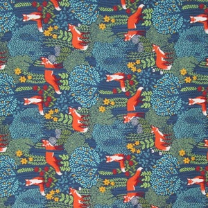 Blue Orange Yellow Gold Fox Woodland Forest Quilter's Weight Cotton Print Fabric Material Yardage Fabric by the Yard image 4