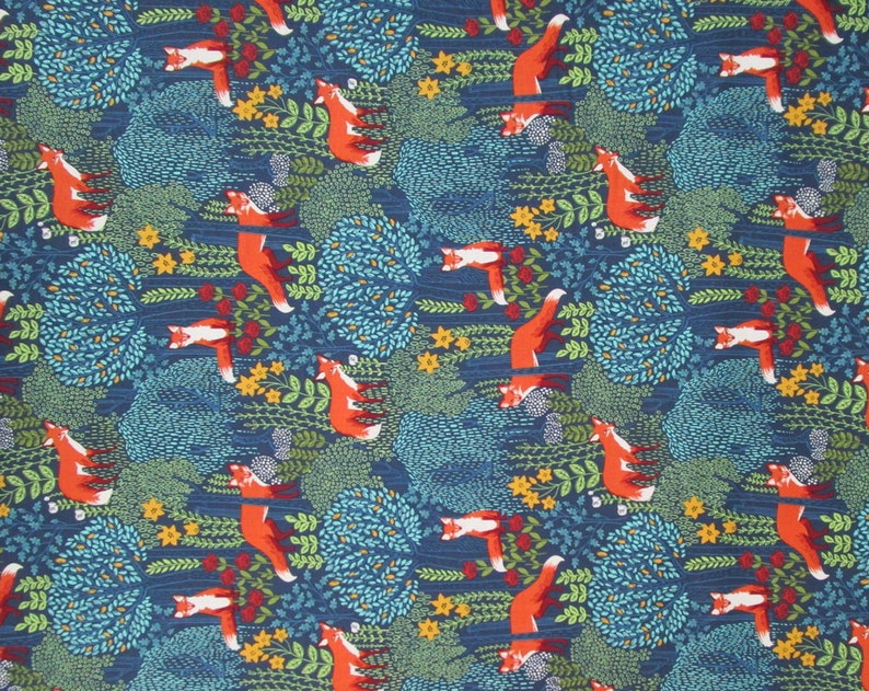 Blue Orange Yellow Gold Fox Woodland Forest Quilter's Weight Cotton Print Fabric Material Yardage Fabric by the Yard image 4