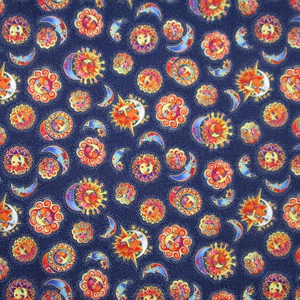 Laurel Burch Celestial Suns Moons Blue Orange Yellow Quilter's Weight Cotton Print Fabric - Material - Yardage - By the Yard
