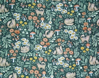 Autumn Olive Green Orange Cats Mushrooms Pets Animals Flowers Floral Quilter's Weight Cotton Print Fabric - Yardage - Fabric by the Yard