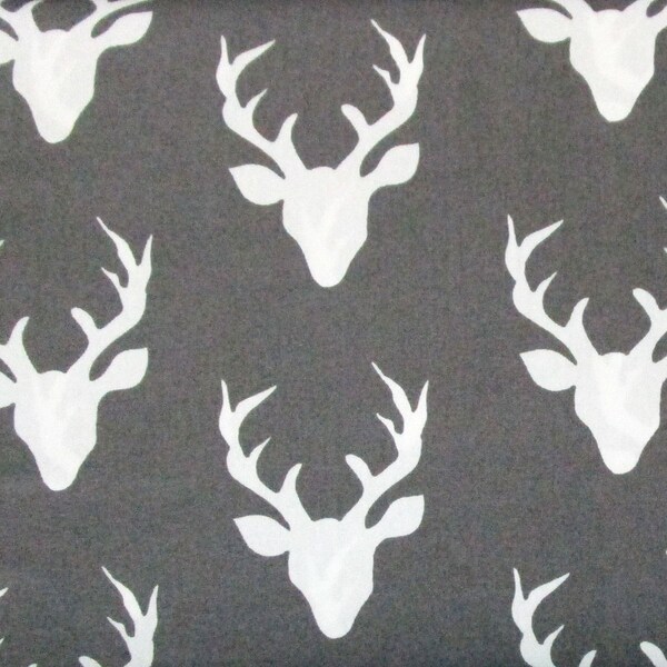 Dark Gray White Fabric - Deer Stag Antlers Woodland Quilter's Weight Cotton Print Fabric - Material - Yardage - By the Yard