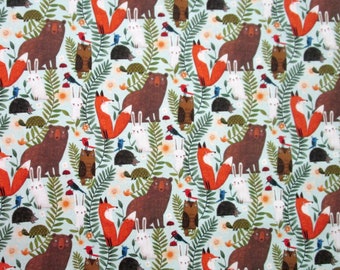 Light Blue Orange Green Brown Fox Bear Owl Woodland Forest Quilter's Weight Cotton Print Fabric - Material - Yardage - Fabric by the Yard