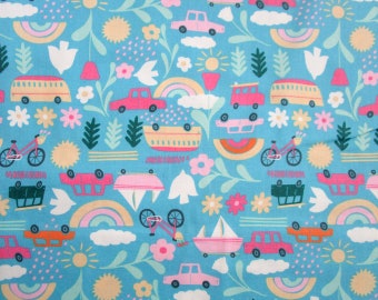 Bike Car Boat Bus Rainbow Flower Sun Birds, Blue Yellow Pink White, Quilter's Weight Cotton Print Fabric - Material- Yardage - By the Yard