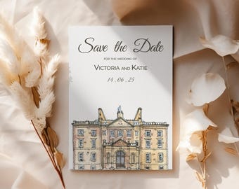 Ilustración del lugar de celebración de la boda, boceto del lugar de celebración de la boda, invitación para guardar la fecha del lugar de celebración, invitación para guardar la fecha del lugar de celebración de la boda