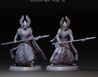 Puede incluir: Dos figuras detalladas de figuras blindadas sosteniendo lanzas. Las figuras llevan cascos con rasgos de alas y largas capas. El texto "THE KING'S ARMY INFANTRY VOL. II" está en la parte superior. El logotipo del estudio Navarrette está en la parte inferior.
