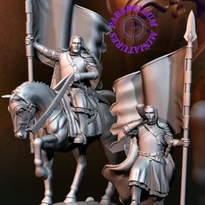 Grey Castle Captain with banner on foot and mounted pose 2