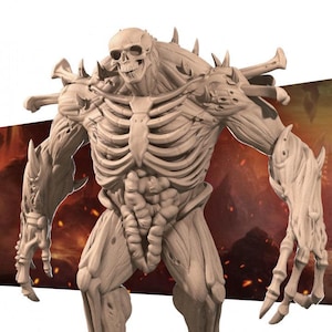May include: A beige, skeletal monster figurine with a skull head, rib cage, and spiky protrusions. The figure has large, claw-like hands and a detailed, textured appearance, suggesting a fantasy or horror theme.