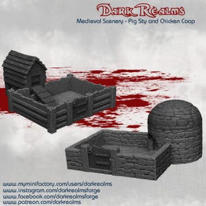 May include: Dark Realms Medieval Scenery set featuring a pig sty and chicken coop. The set includes a wooden chicken coop with a ramp, a fenced pig sty, and a domed structure. The structures are dark gray and designed for tabletop gaming.