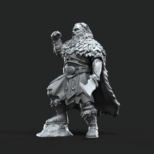 May include: A gray miniature figurine of a bearded warrior standing on a rock base, wearing a fur-lined cloak, armor, and holding an axe. The figure has one fist raised in the air. The text "DAVALE GAMES" is visible in the upper right corner.
