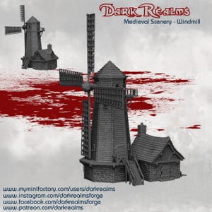 May include: A detailed, gray miniature windmill with a small adjacent building. The windmill features large blades and a textured wooden exterior. The text "Dark Realms Medieval Scenery - Windmill" is visible at the top.
