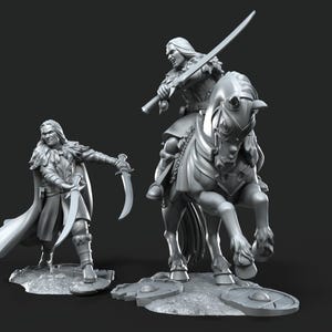 May include: A grey miniature set featuring a standing warrior holding two curved blades and a mounted warrior on horseback holding a long sword, both on textured bases. The text Pavale Games is visible in the upper right corner of the image.